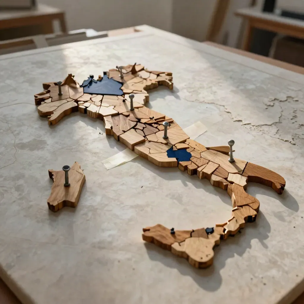 Mappa territoriale in rilievo con tessere di seggio, spille e nastro su pietra