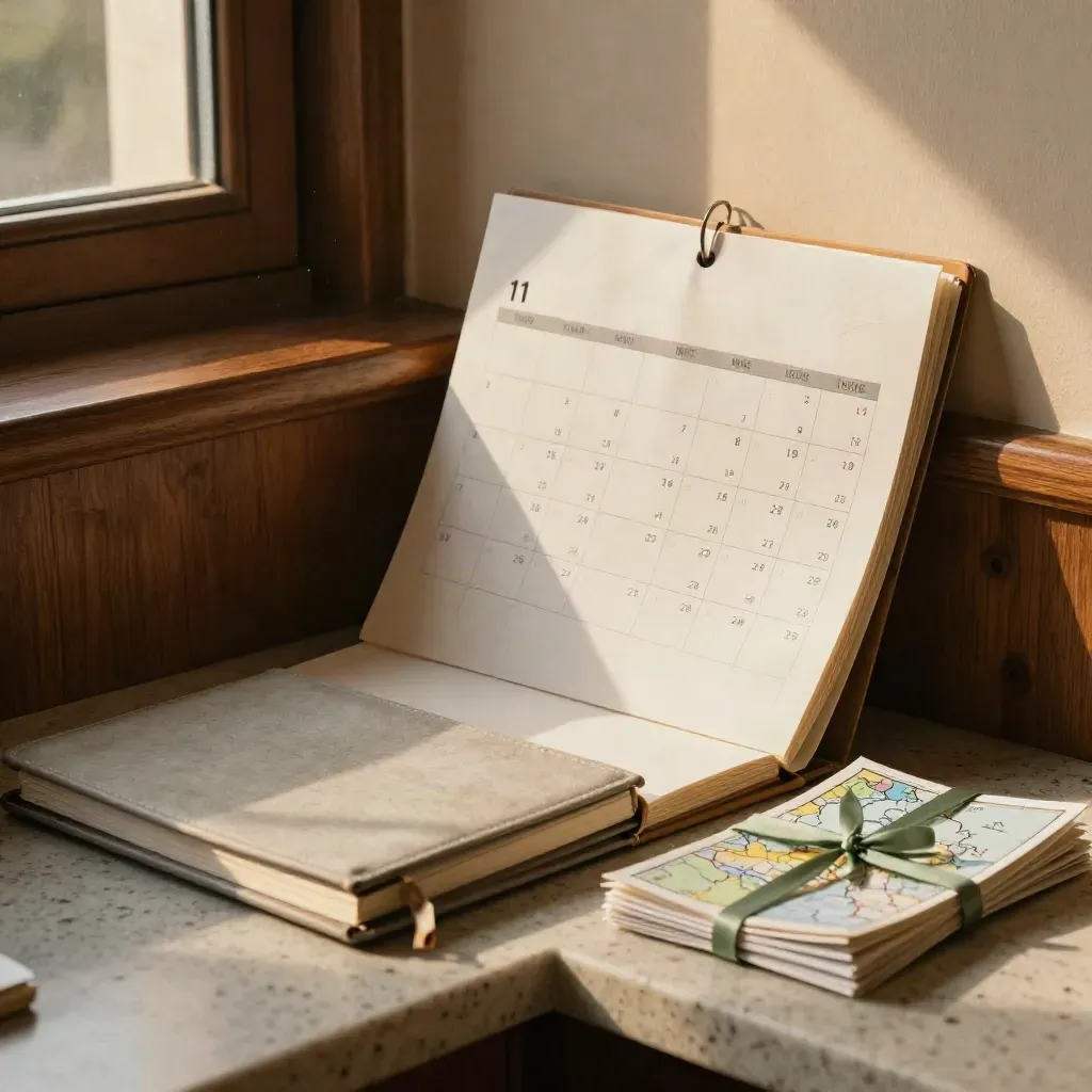 Calendario a fogli, taccuino chiuso e cartine piegate su travertino, luce calda