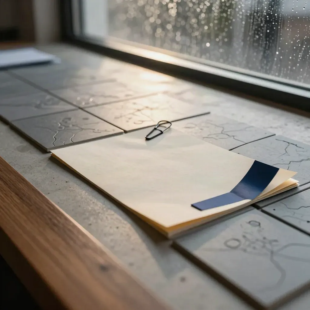 Tessere territoriali e cartoncini grigi su cemento, con piega di carta e graffette nere.