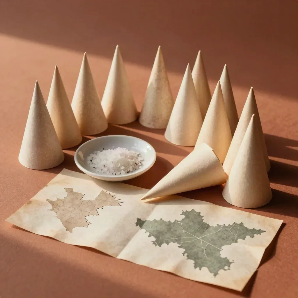 Coni di carta piegata, piattino in ceramica e sale grosso su fondo terracotta, vista dall’alto.