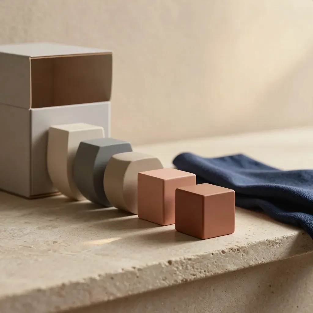 Blocchi geometrici, dischi e scatola aperta su pietra, luce drammatica e panno piegato.