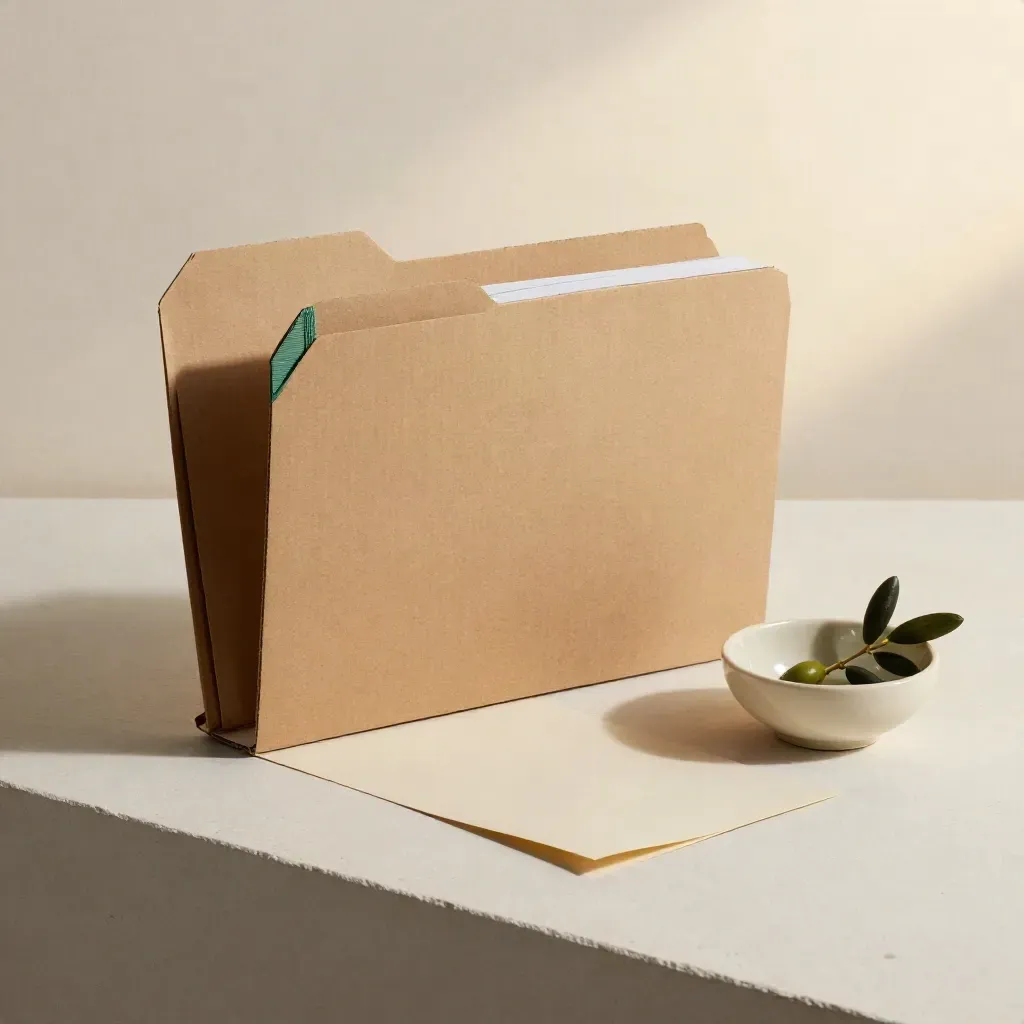 Tre cartelle di cartone con elastico verde, ciotola in ceramica e foglio piegato su fondo chiaro